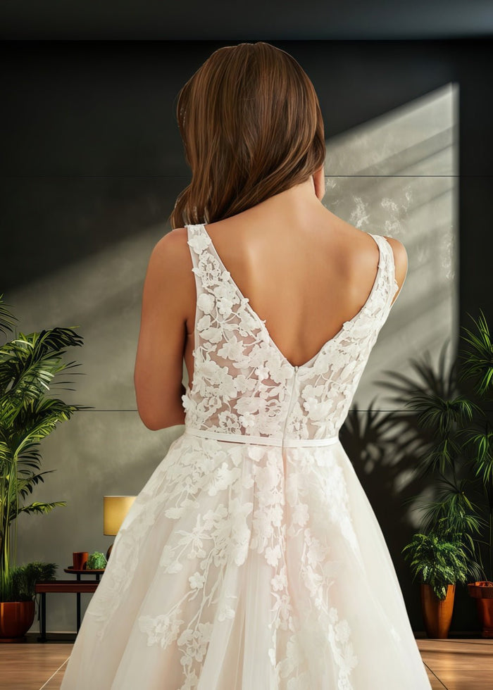 Jo | V Neck Princess Sleeveless Applique Lace Wedding Dress Train - A Blend of Allure and Elegance - White - PromDressClub