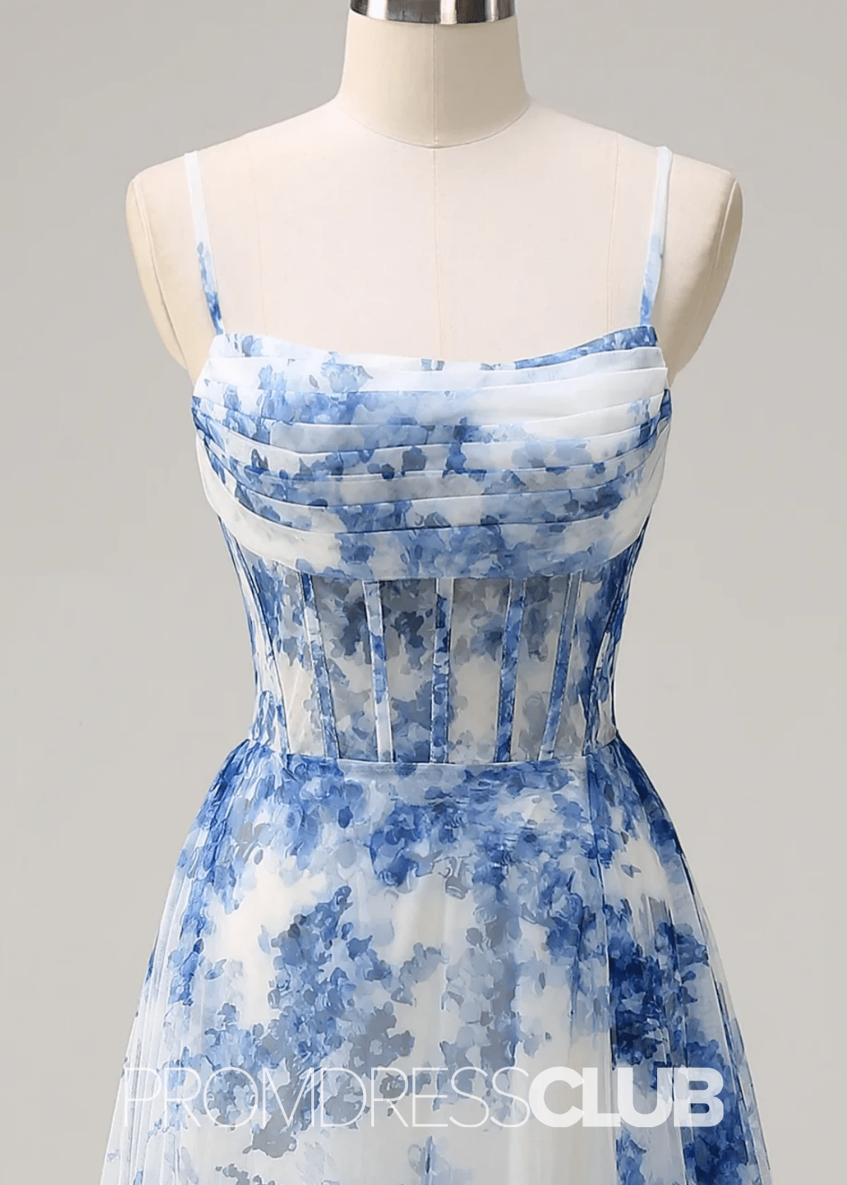 Jo | White Blue Flower A Line Ruched Corset Maxi Prom Dress - Price #price_variant_lowest# - Blue Floral - PromDressClub