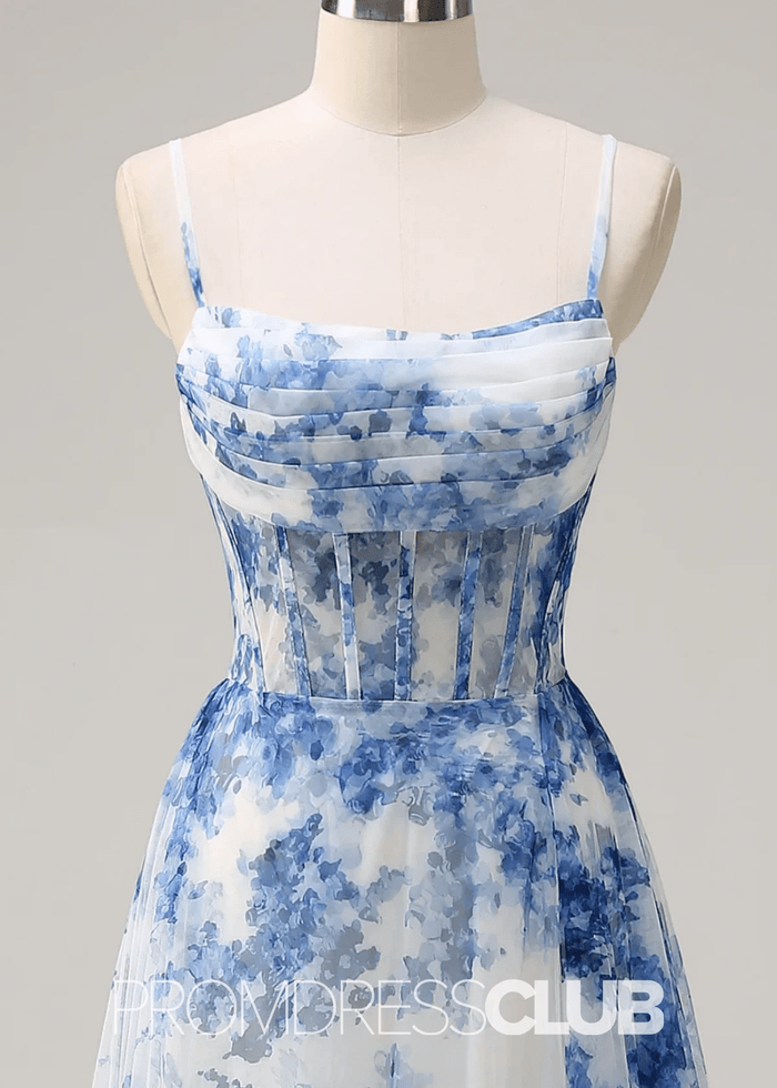 Jo | White Blue Flower A Line Ruched Corset Maxi Prom Dress - Price #price_variant_lowest# - Blue Floral - PromDressClub