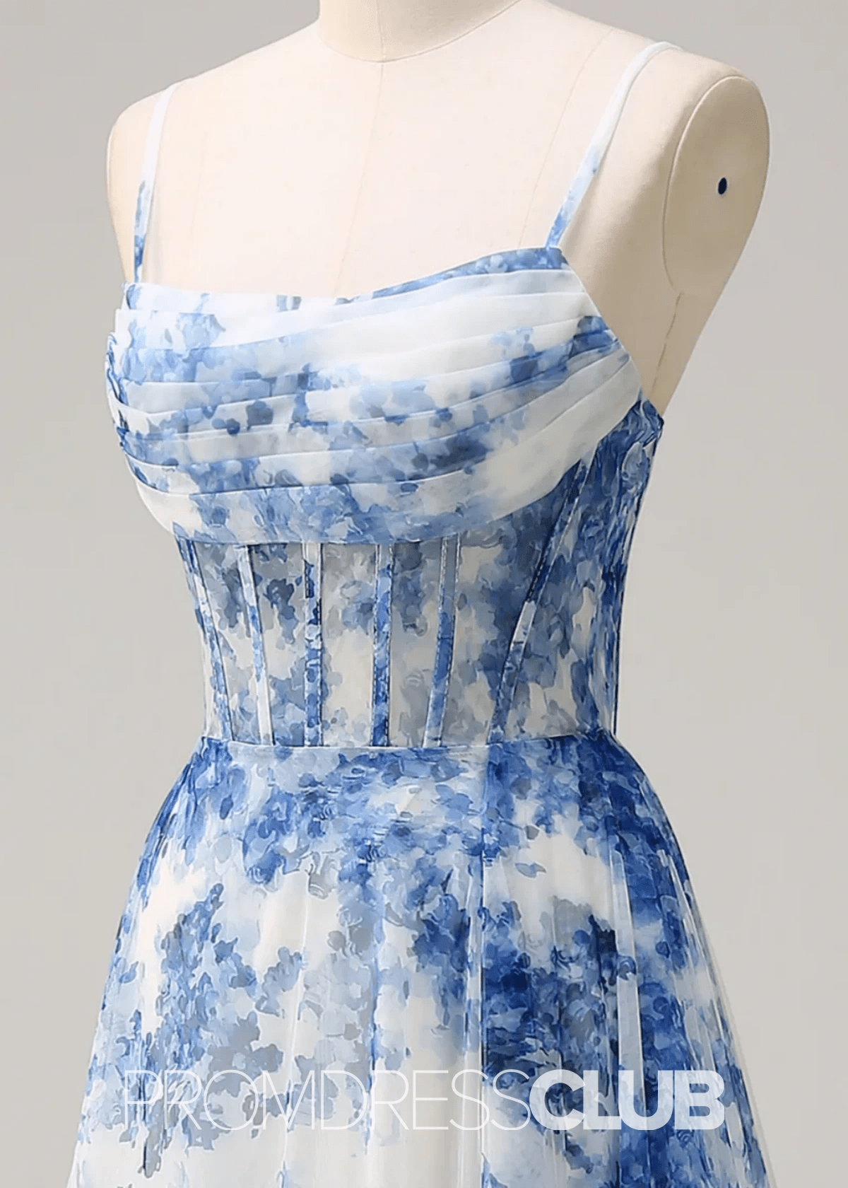 Jo | White Blue Flower A Line Ruched Corset Maxi Prom Dress - Price #price_variant_lowest# - Blue Floral - PromDressClub