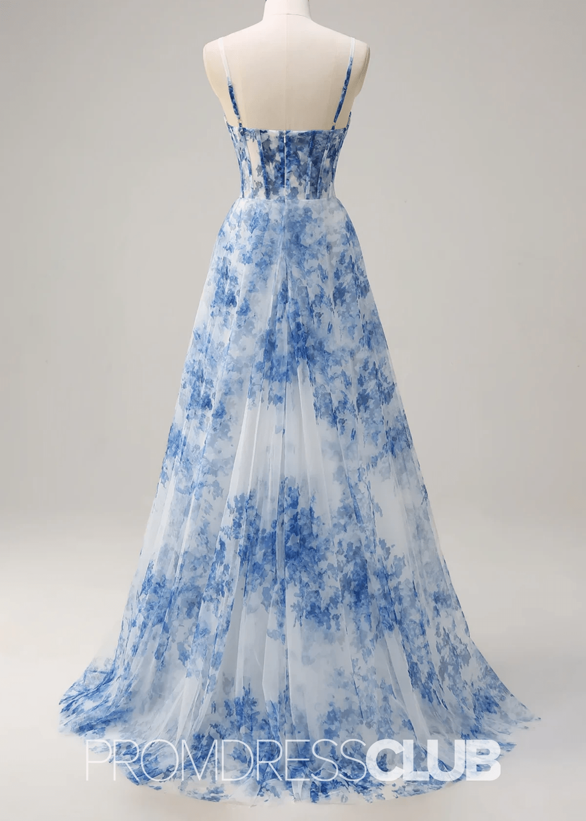 Jo | White Blue Flower A Line Ruched Corset Maxi Prom Dress - Price #price_variant_lowest# - Blue Floral - PromDressClub