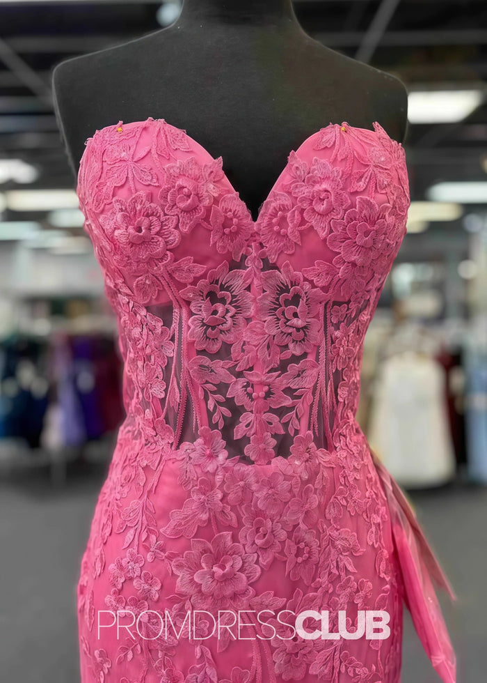 Joan |Long Pink Prom Dresses Near Me With Sweetheart Strapless Lace Appliques Mermaid - Price #price_variant_lowest# - Pink - PromDressClub