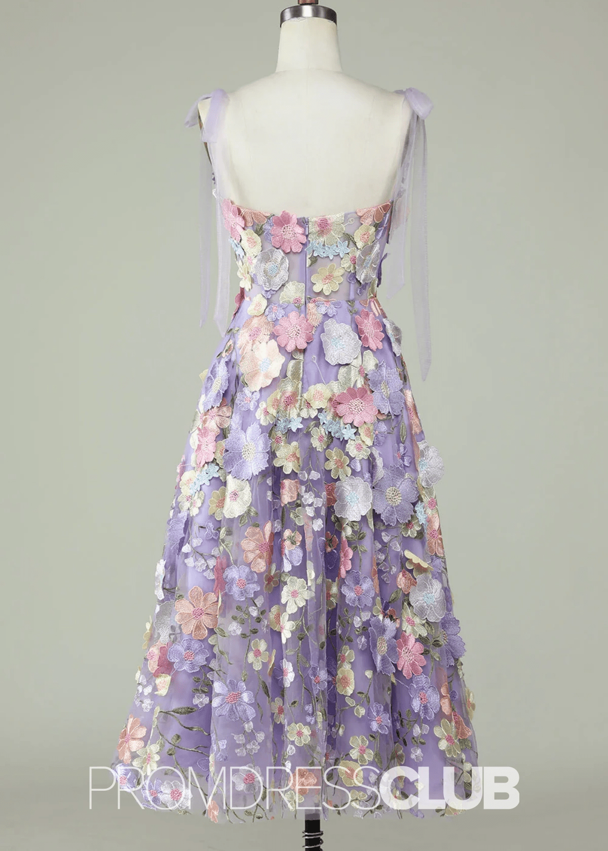 Joan | Spaghetti Straps A Line Purple Midi Prom Dress - Price #price_variant_lowest# - Purple Floral - PromDressClub