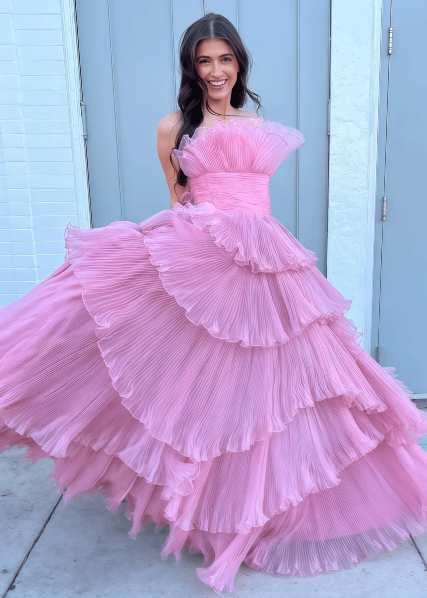 Joanna | A Line Royal Blue Light Pink Strapless Corset Formal Dress with Ruffle - Dusty Pink - PromDressClub