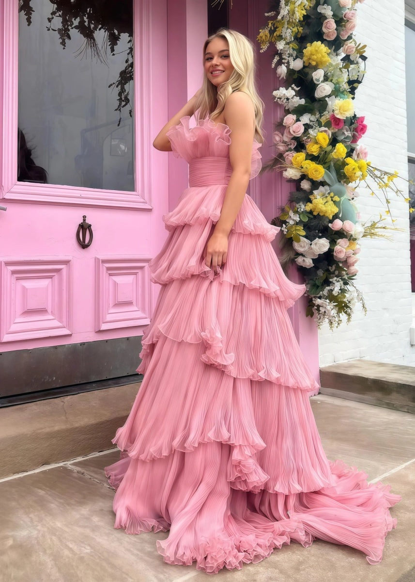 Joanna | A Line Royal Blue Light Pink Strapless Corset Formal Dress with Ruffle - Dusty Pink - PromDressClub