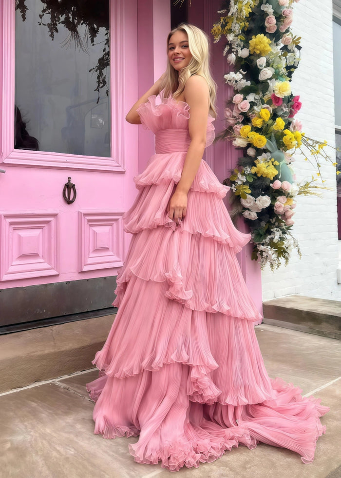 Joanna | A Line Royal Blue Light Pink Strapless Corset Formal Dress with Ruffle - Dusty Pink - PromDressClub