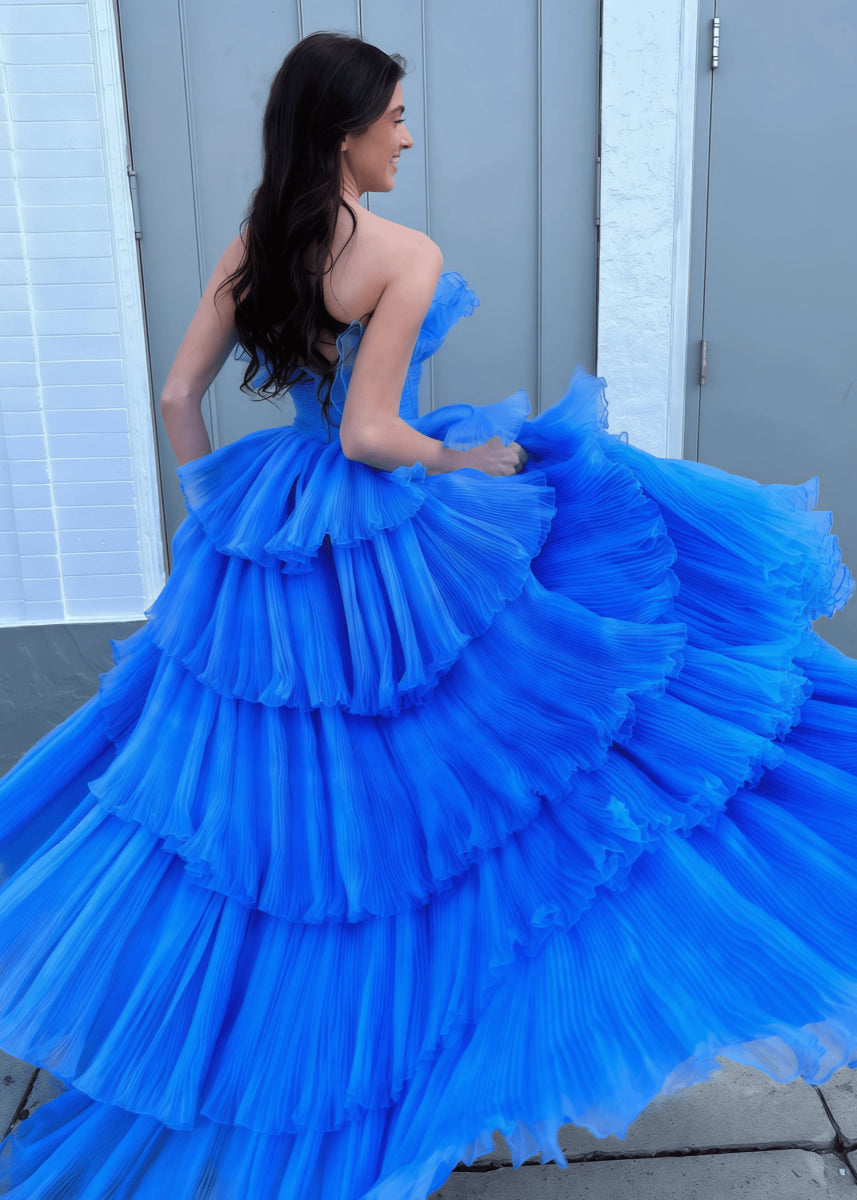 Joanna | A Line Royal Blue Light Pink Strapless Corset Formal Dress with Ruffle - Royal Blue - PromDressClub