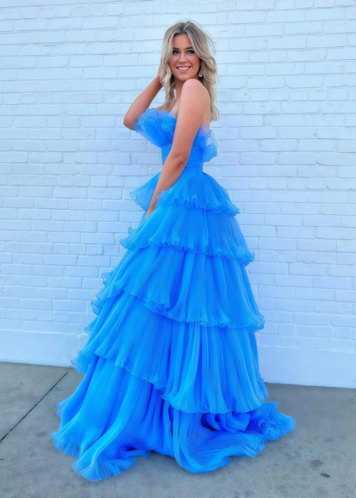 Joanna | A Line Royal Blue Light Pink Strapless Corset Formal Dress with Ruffle - Royal Blue - PromDressClub