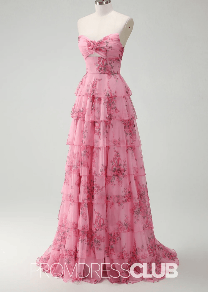 Joanna | Blush Floral A Line Long Prom Dress with Slit - Price #price_variant_lowest# - Blush Floral - PromDressClub