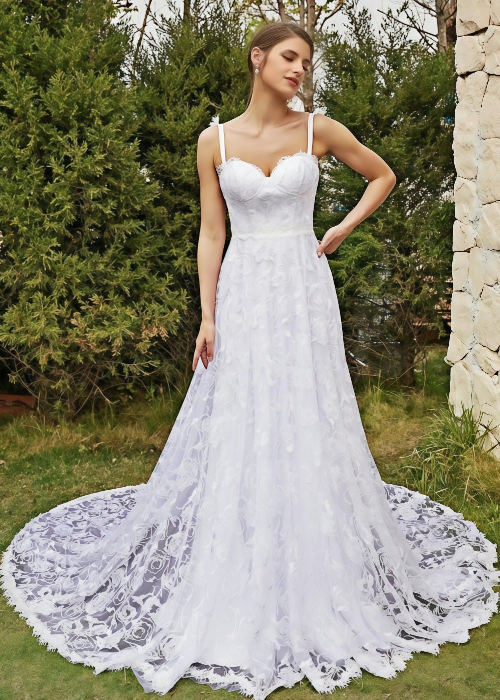Joanna | Elegant A Line Lace Spaghetti Strap Sweetheart Neckline White Wedding Dress with Court Train - White - PromDressClub