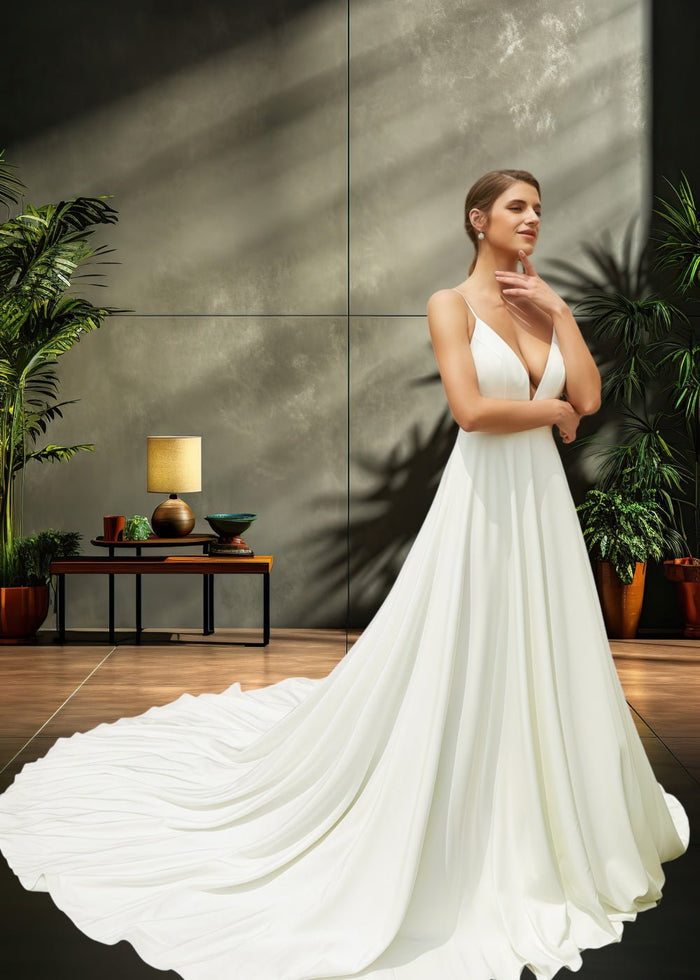 Joanne | Elegant Princess Satin V Neck Spaghetti Strap Wedding Dress with Court Train for Outdoor Weddings - Ivory - PromDressClub