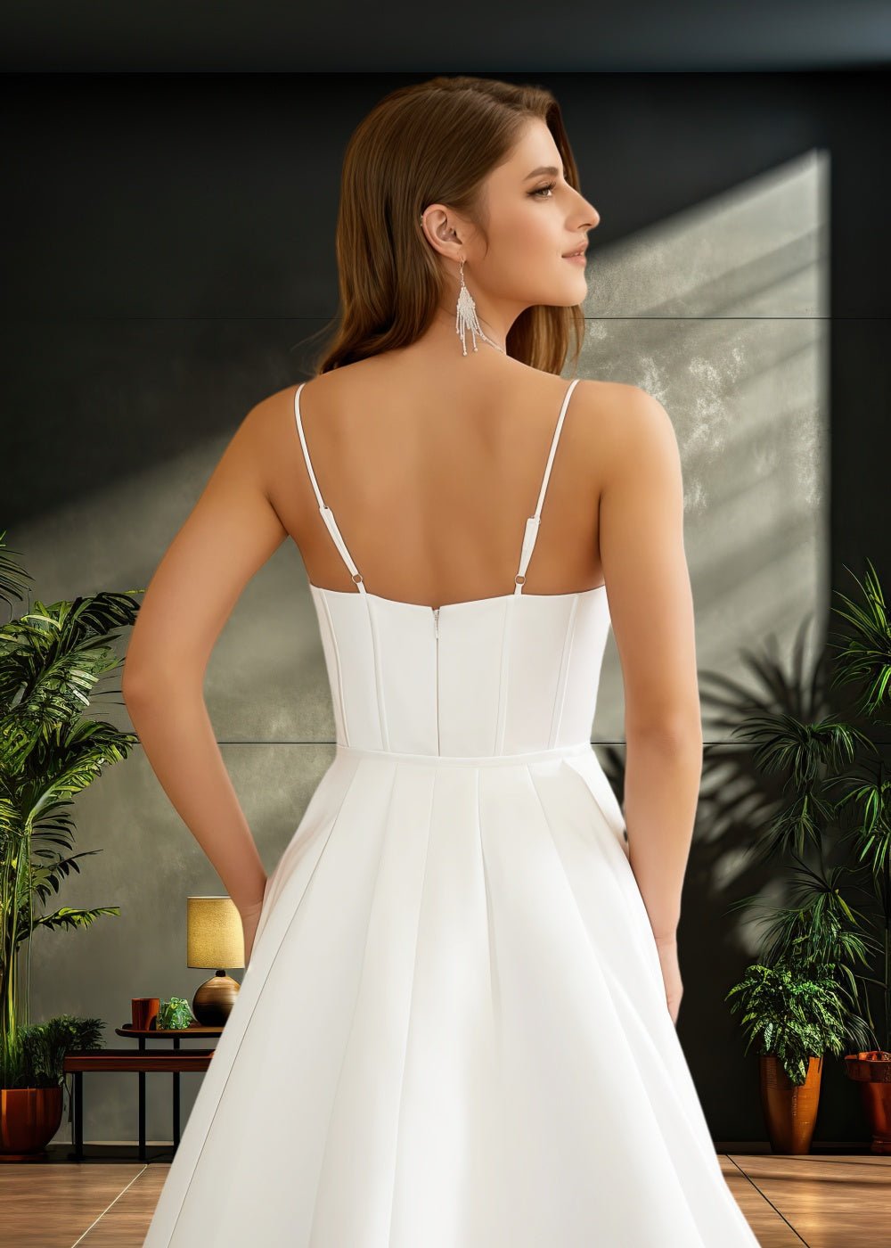 Jocelyn | Elegant Sheatn/Column Ivory Satin Spaghetti Strap Corset Wedding Dress with Side Slit - Ivory - PromDressClub