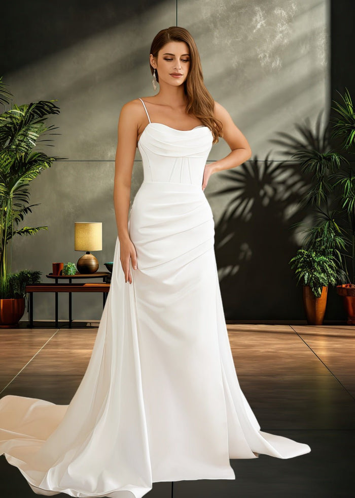 Jocelyn | Elegant Sheatn/Column Ivory Satin Spaghetti Strap Corset Wedding Dress with Side Slit - Ivory - PromDressClub