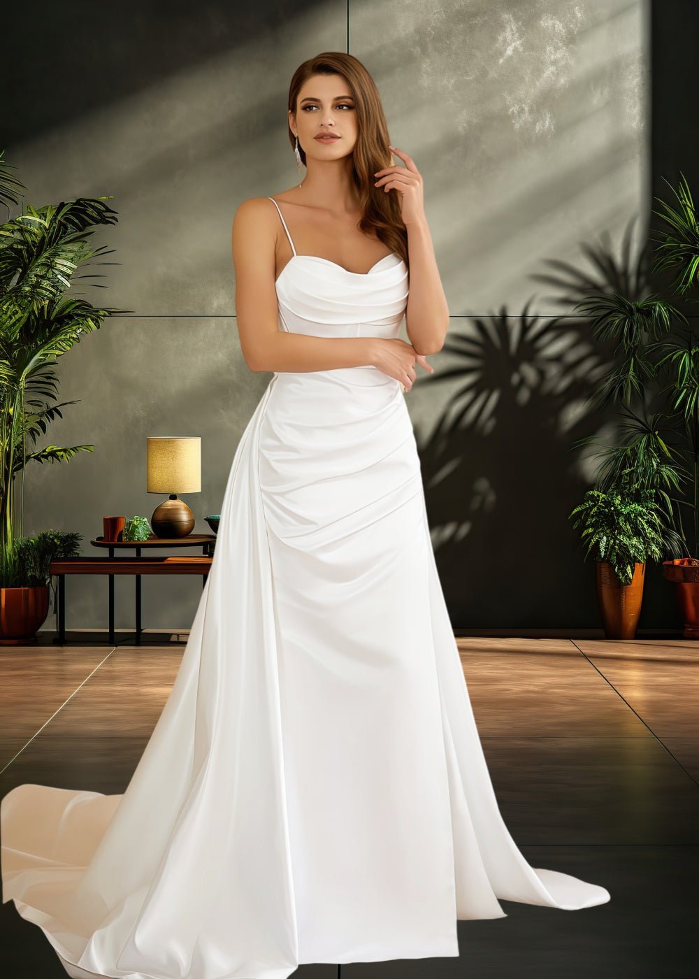 Jocelyn | Elegant Sheatn/Column Ivory Satin Spaghetti Strap Corset Wedding Dress with Side Slit - Ivory - PromDressClub