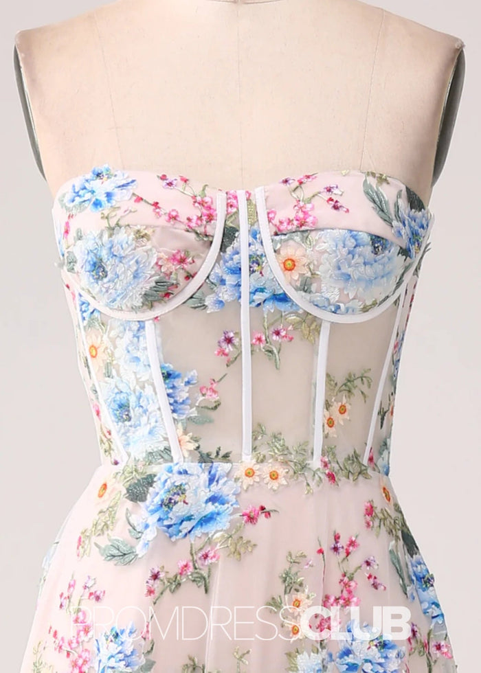 Jocelyn | White Floral A - Line Strapless Corset Long Prom Dress - Price #price_variant_lowest# - White Floral - PromDressClub