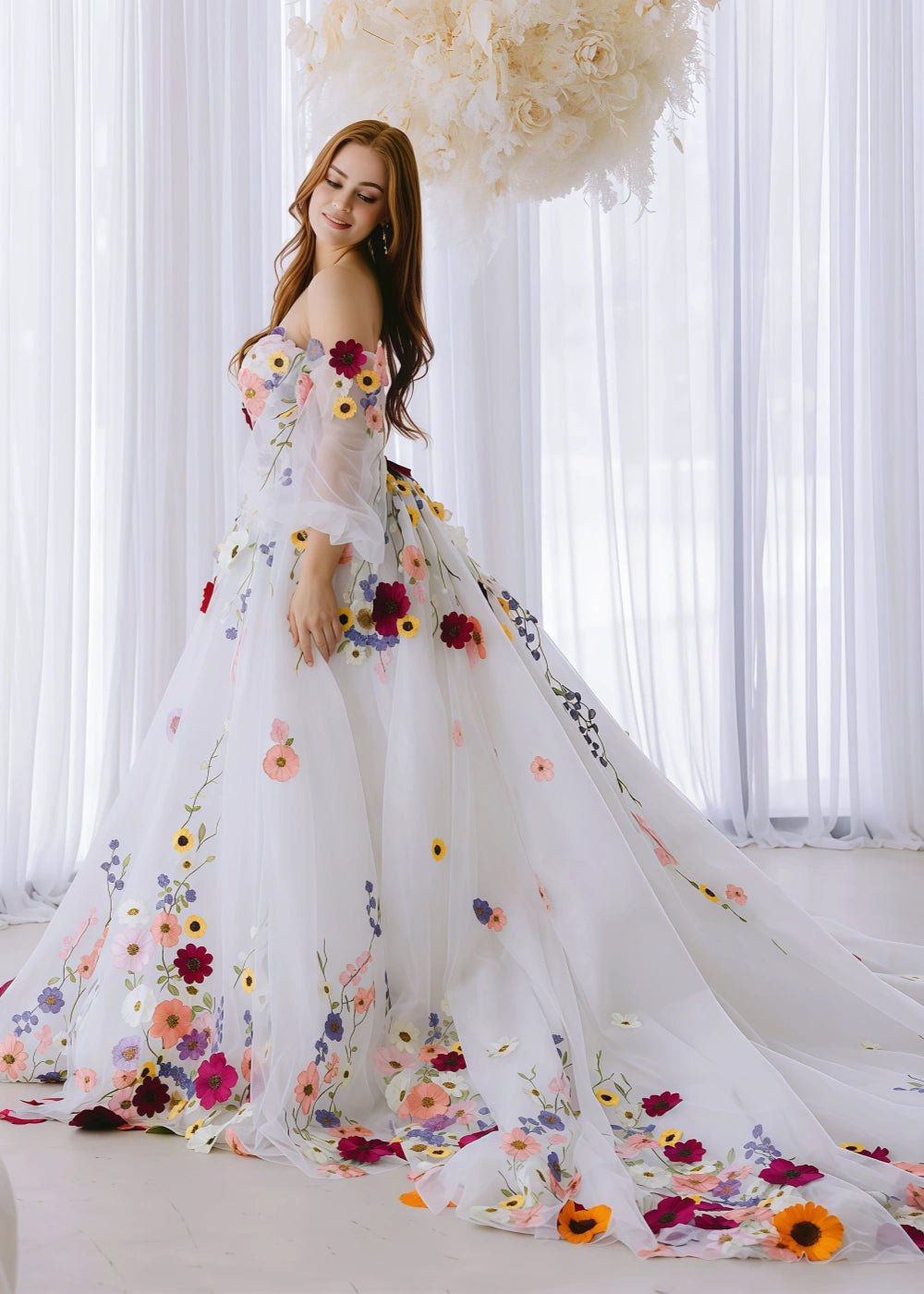 Josephine | Exquisite White Flower Strapless Long Sleeve Corset Wedding Dress - White Floral - PromDressClub