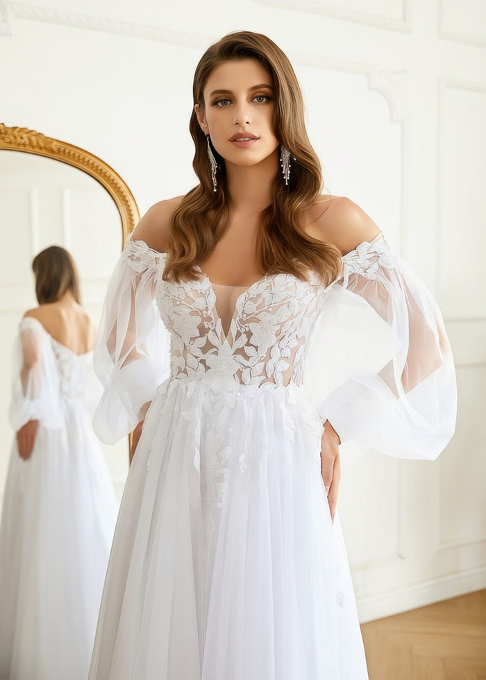 Josephine | Off the Shoulder Long Puff Sleeve Lace Tulle Wedding Dress with Court Train and Applique - White - PromDressClub