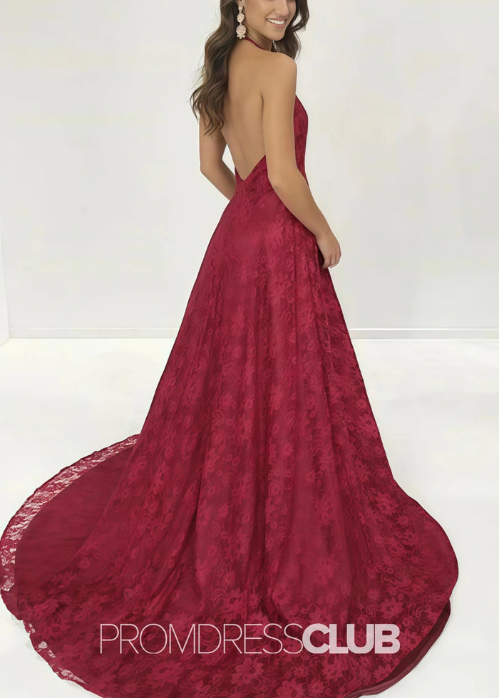 Joy |Burgundy Long Prom Dresses Near Me With Spaghetti Straps A Line Lace High Slit - Price #price_variant_lowest# - Burgundy - PromDressClub