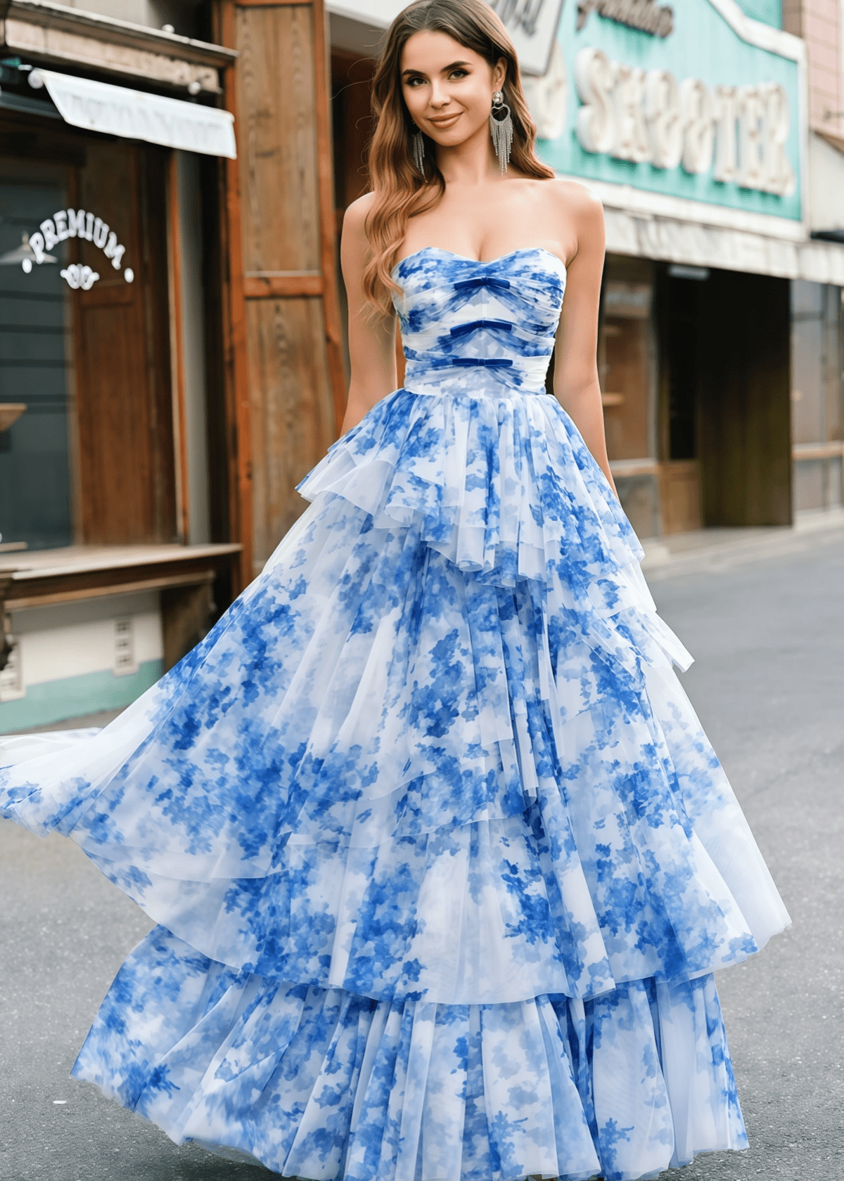 White Blue Flower Strapless Tiered Tulle Long Prom Dress
