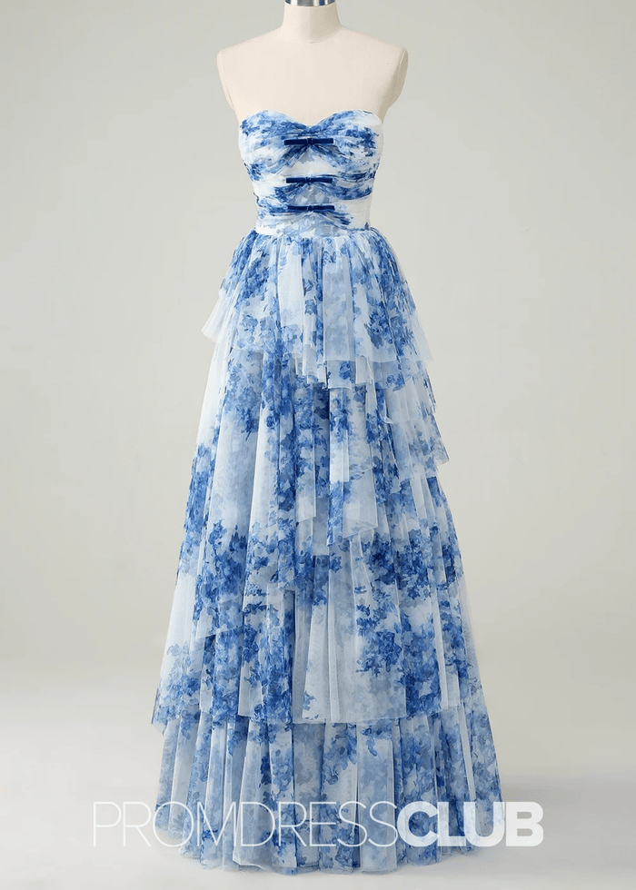 Joyce | White Blue Flower Strapless Tiered Tulle Long Prom Dress - Price #price_variant_lowest# - Blue Floral - PromDressClub
