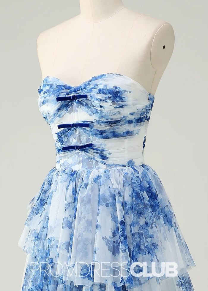 Joyce | White Blue Flower Strapless Tiered Tulle Long Prom Dress - Price #price_variant_lowest# - Blue Floral - PromDressClub