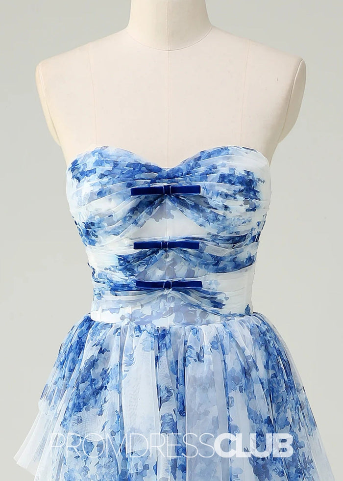 Joyce | White Blue Flower Strapless Tiered Tulle Long Prom Dress - Price #price_variant_lowest# - Blue Floral - PromDressClub