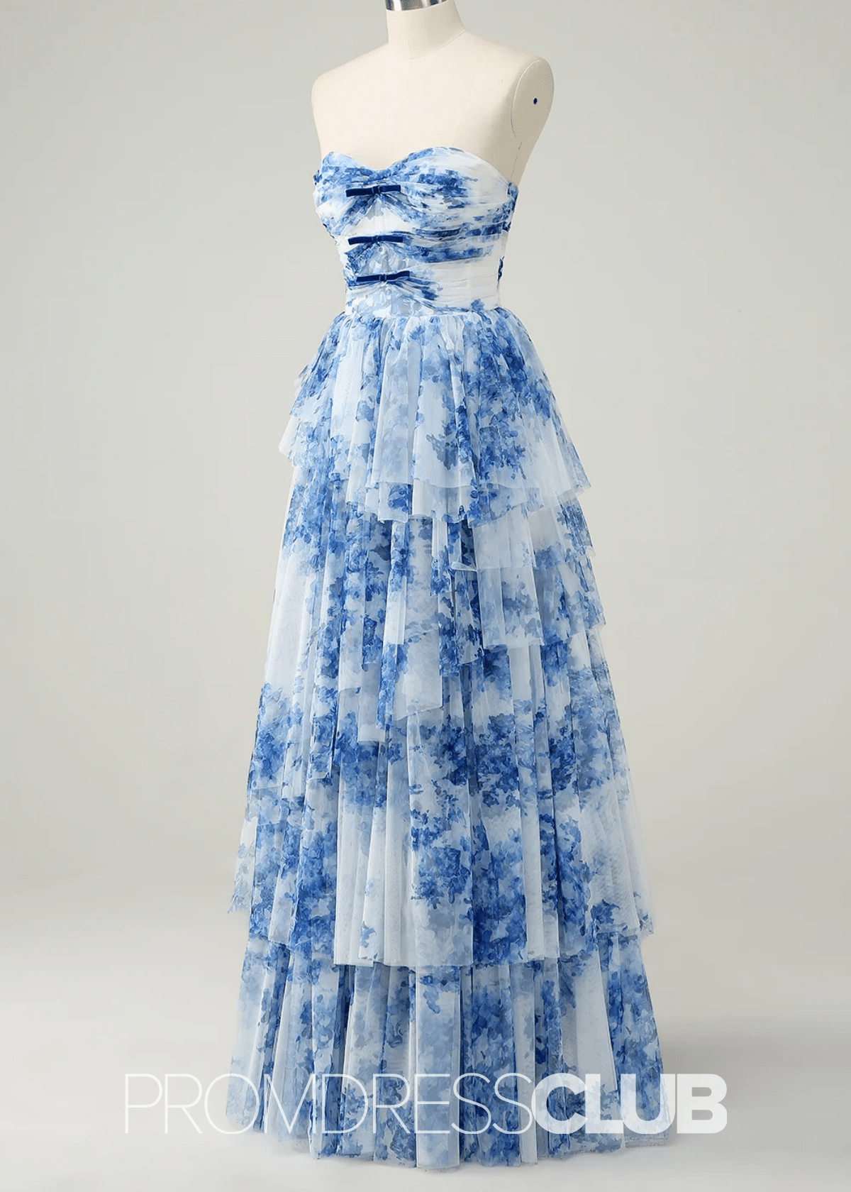 Joyce | White Blue Flower Strapless Tiered Tulle Long Prom Dress - Price #price_variant_lowest# - Blue Floral - PromDressClub