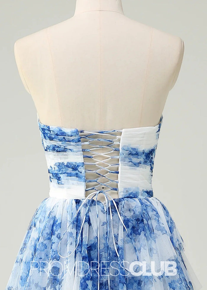 Joyce | White Blue Flower Strapless Tiered Tulle Long Prom Dress - Price #price_variant_lowest# - Blue Floral - PromDressClub