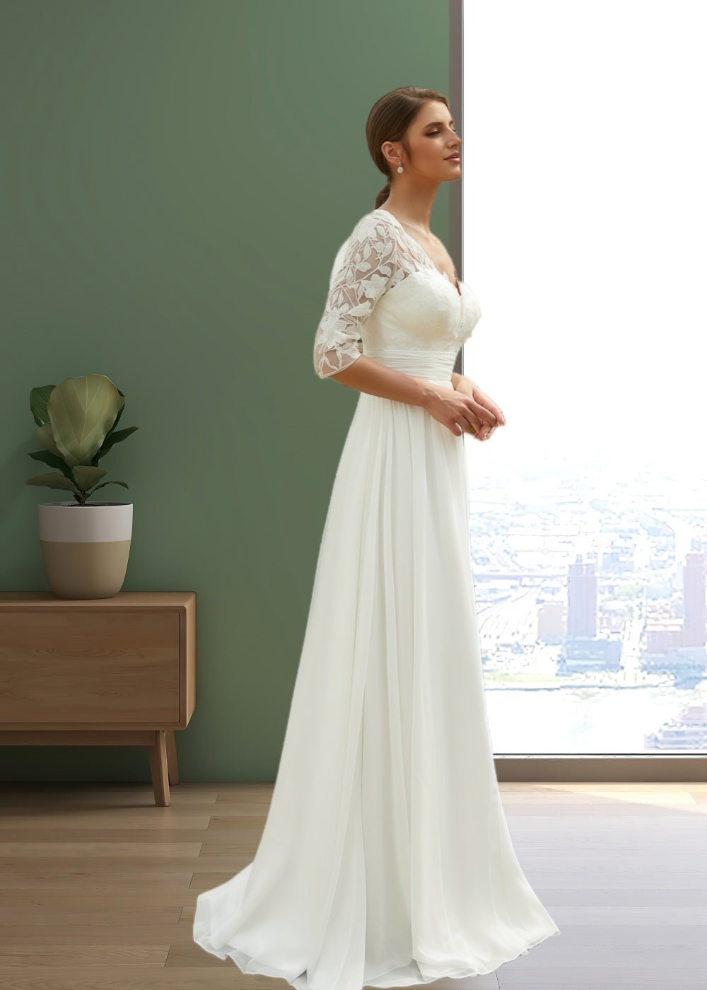 Judith | Elegant Boho V Neck Lace Half Sleeve Chiffon Wedding Dress with Floor Length - White - PromDressClub