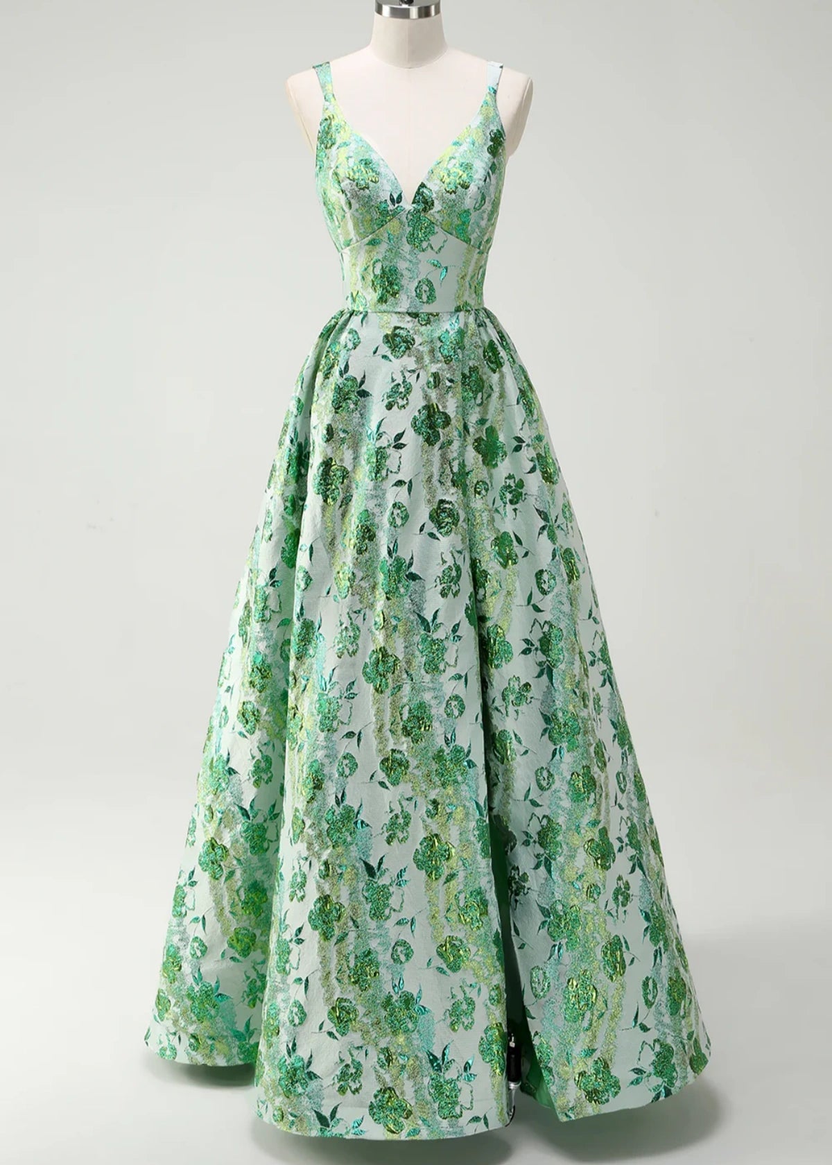 Sparkly Green Floral Spaghetti Straps Long Prom Dress