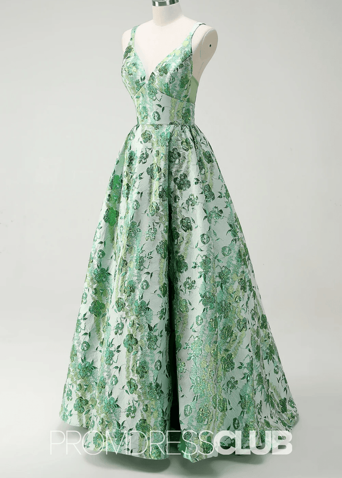 vintage green prom dress Judith | Sparkly Green Floral Spaghetti Straps Long Prom Dress