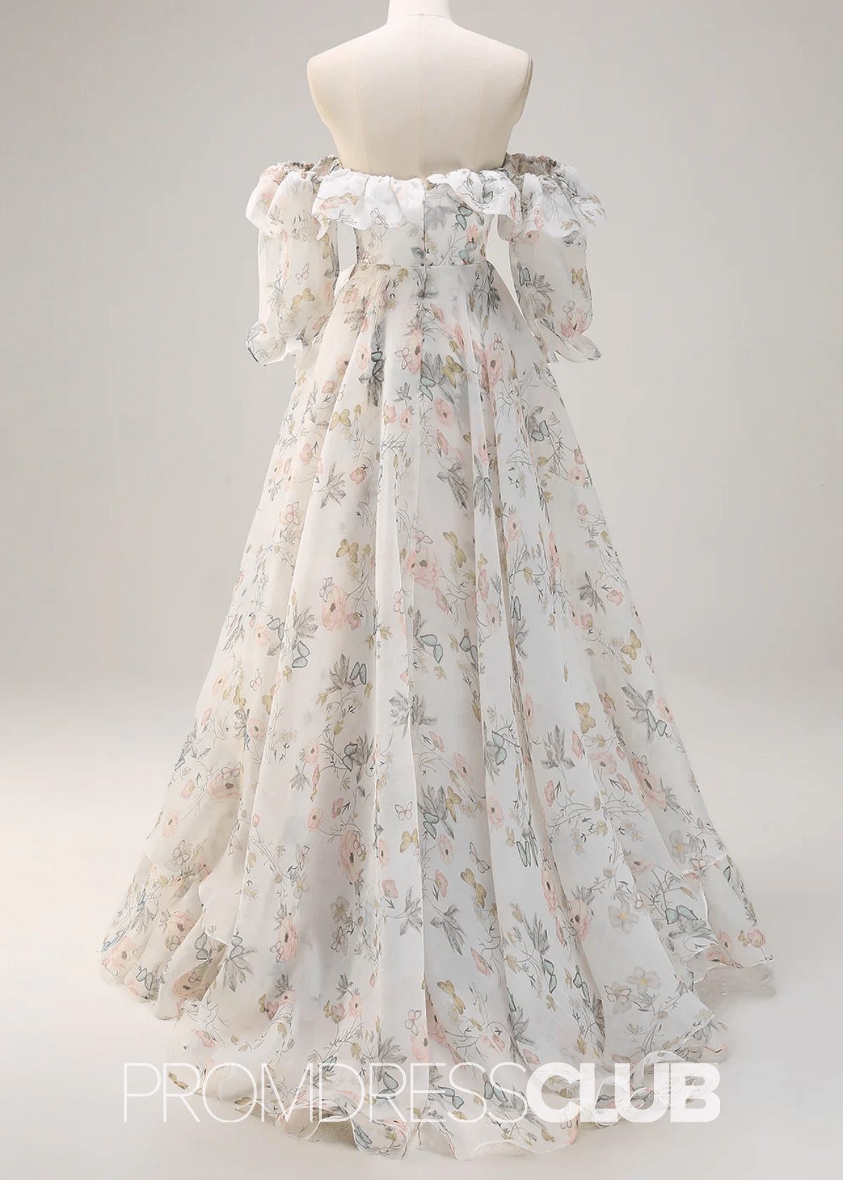 Judy | A Line White Floral Ruffle Slit Long Prom Dress - Price #price_variant_lowest# - White Floral - PromDressClub