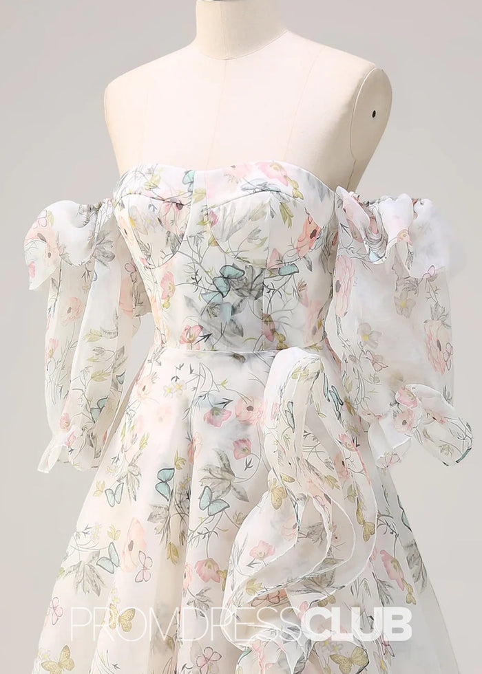 Judy | A Line White Floral Ruffle Slit Long Prom Dress - Price #price_variant_lowest# - White Floral - PromDressClub