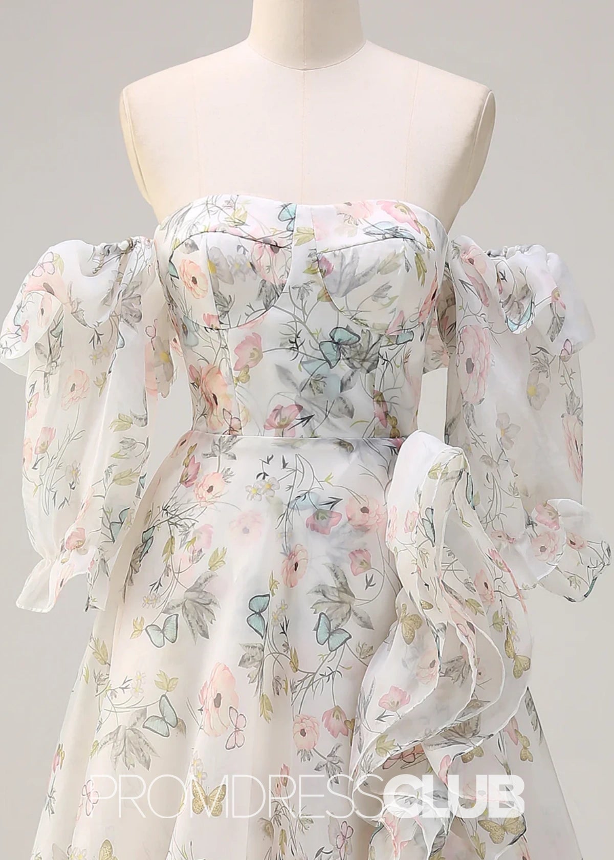 Judy | A Line White Floral Ruffle Slit Long Prom Dress - Price #price_variant_lowest# - White Floral - PromDressClub