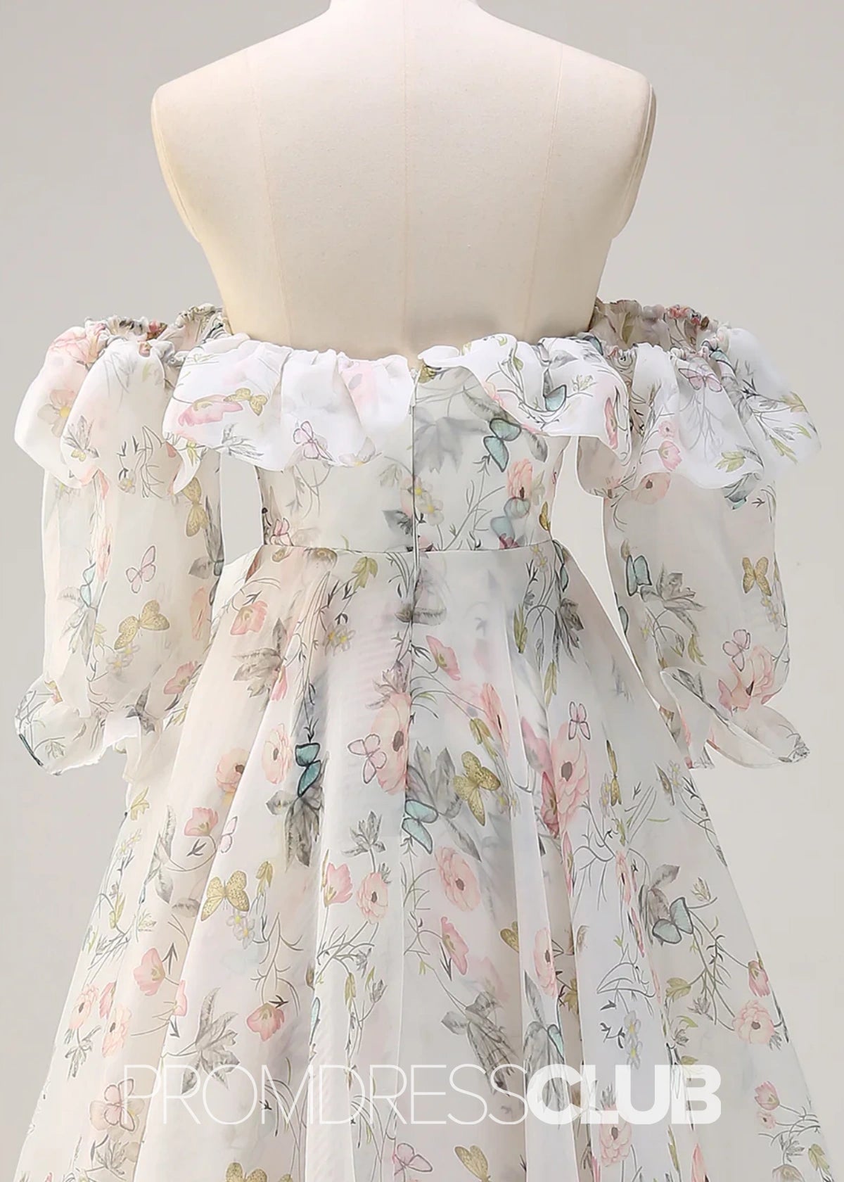 Judy | A Line White Floral Ruffle Slit Long Prom Dress - Price #price_variant_lowest# - White Floral - PromDressClub