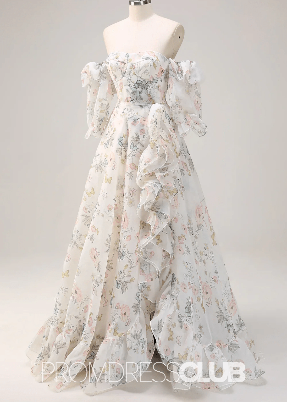 Judy | A Line White Floral Ruffle Slit Long Prom Dress - Price #price_variant_lowest# - White Floral - PromDressClub