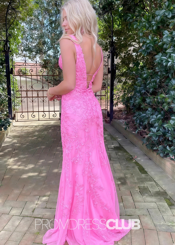 Judy |Long Pink Prom Dresses Near Me With Deep V - Neck Straps Lace Appliques Mermaid - Price #price_variant_lowest# - Pink - PromDressClub