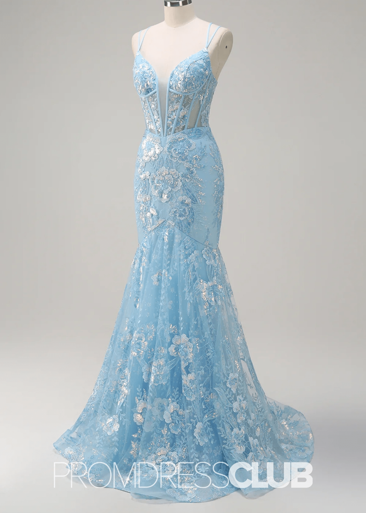 Julia | Sparkly Light Blue Sequin Mermaid Corset Long Prom Dress - Price #price_variant_lowest# - Light Blue Floral - PromDressClub