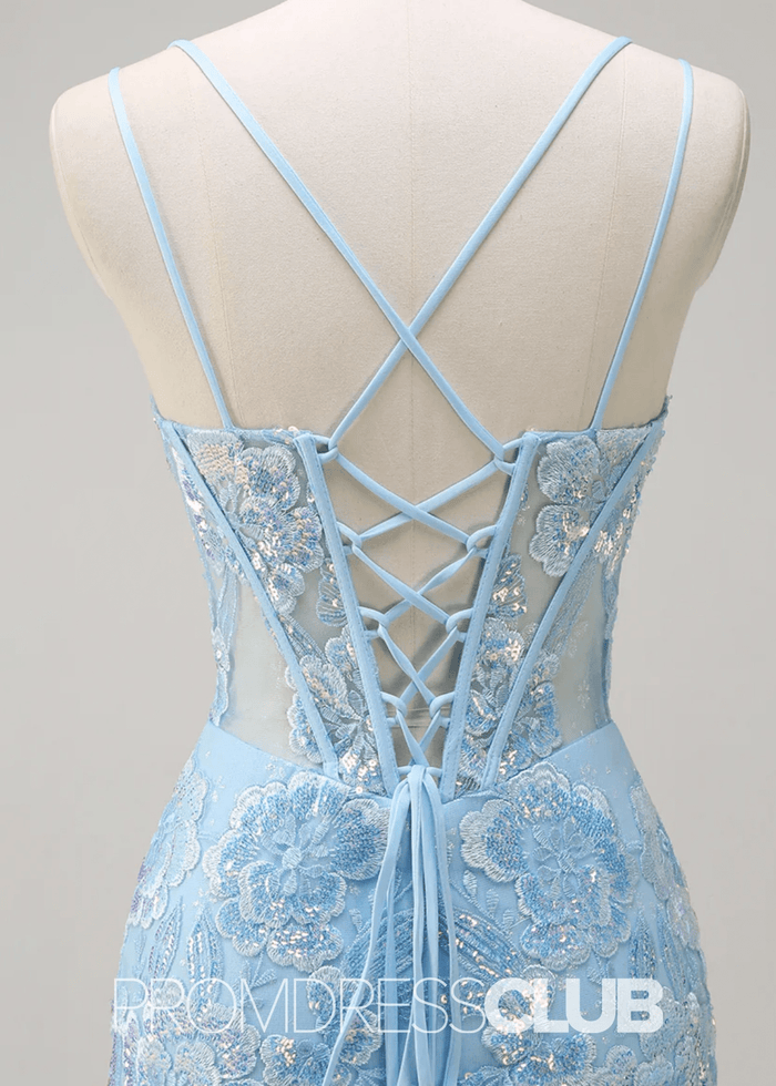 Julia | Sparkly Light Blue Sequin Mermaid Corset Long Prom Dress - Price #price_variant_lowest# - Light Blue Floral - PromDressClub