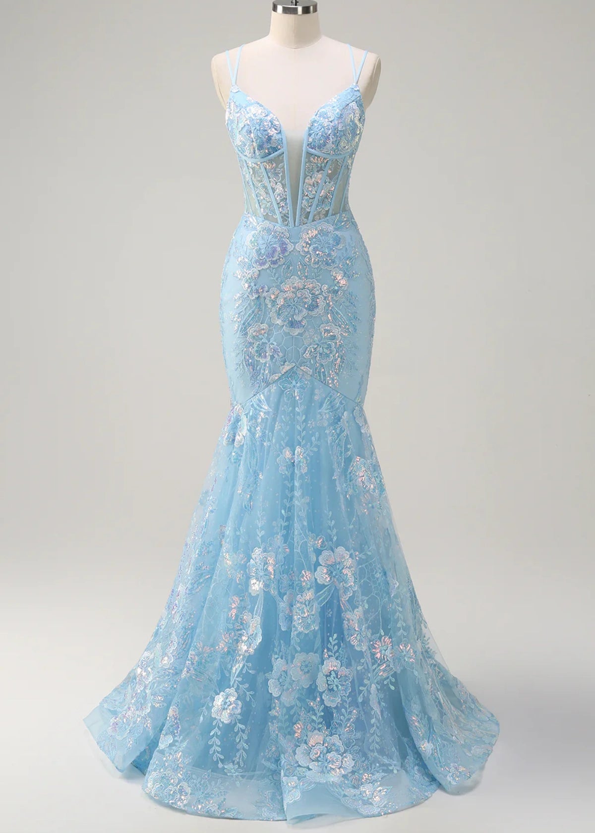 Sparkly Light Blue Sequin Mermaid Corset Long Prom Dress