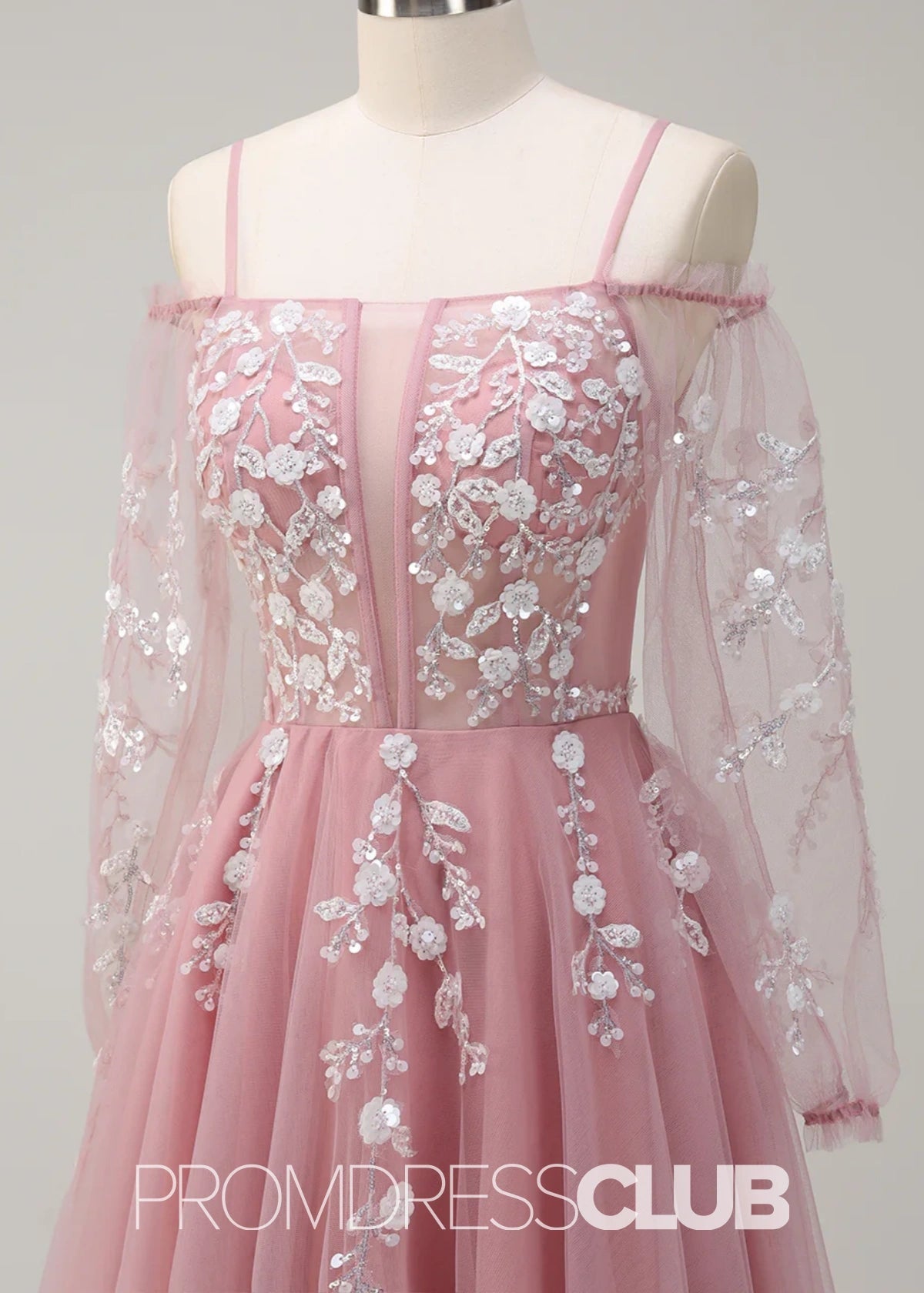 Julie | A - Line Cold Shoulder Sparkly Royal Blue Long Prom Dress - Price #price_variant_lowest# - Blush - PromDressClub