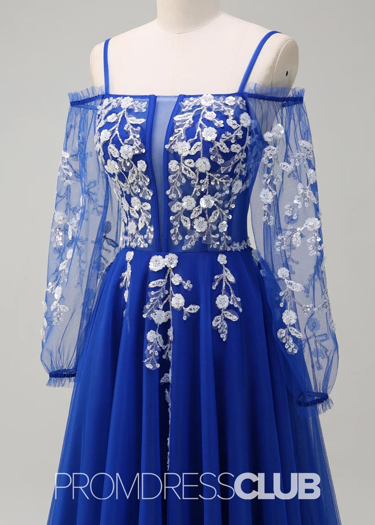 Julie | A - Line Cold Shoulder Sparkly Royal Blue Long Prom Dress - Price #price_variant_lowest# - Royal Blue - PromDressClub