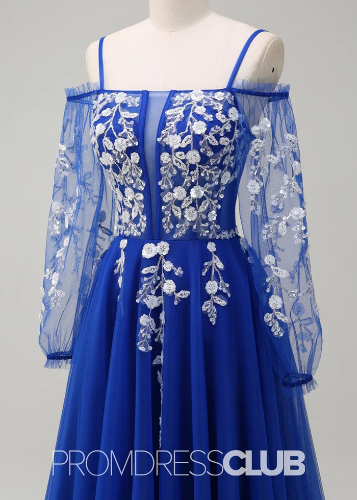 Julie | A - Line Cold Shoulder Sparkly Royal Blue Long Prom Dress - Price #price_variant_lowest# - Royal Blue - PromDressClub