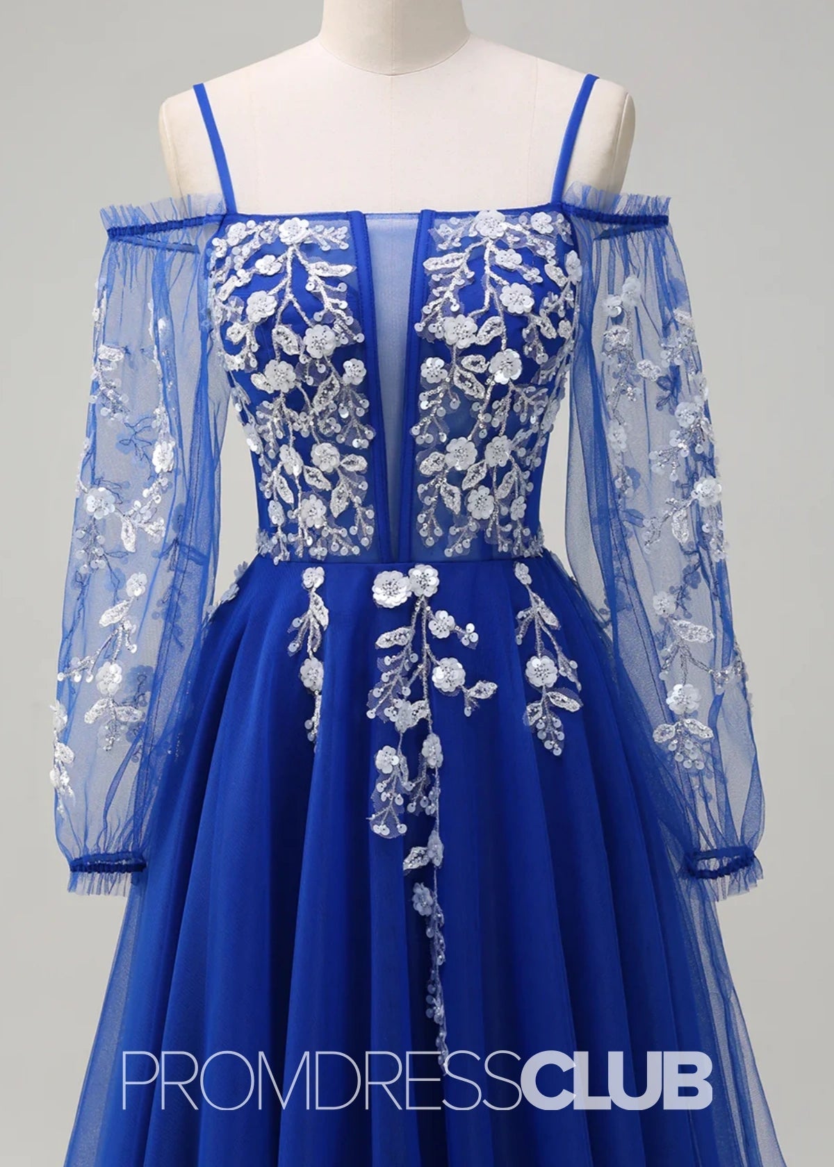 Julie | A - Line Cold Shoulder Sparkly Royal Blue Long Prom Dress - Price #price_variant_lowest# - Royal Blue - PromDressClub