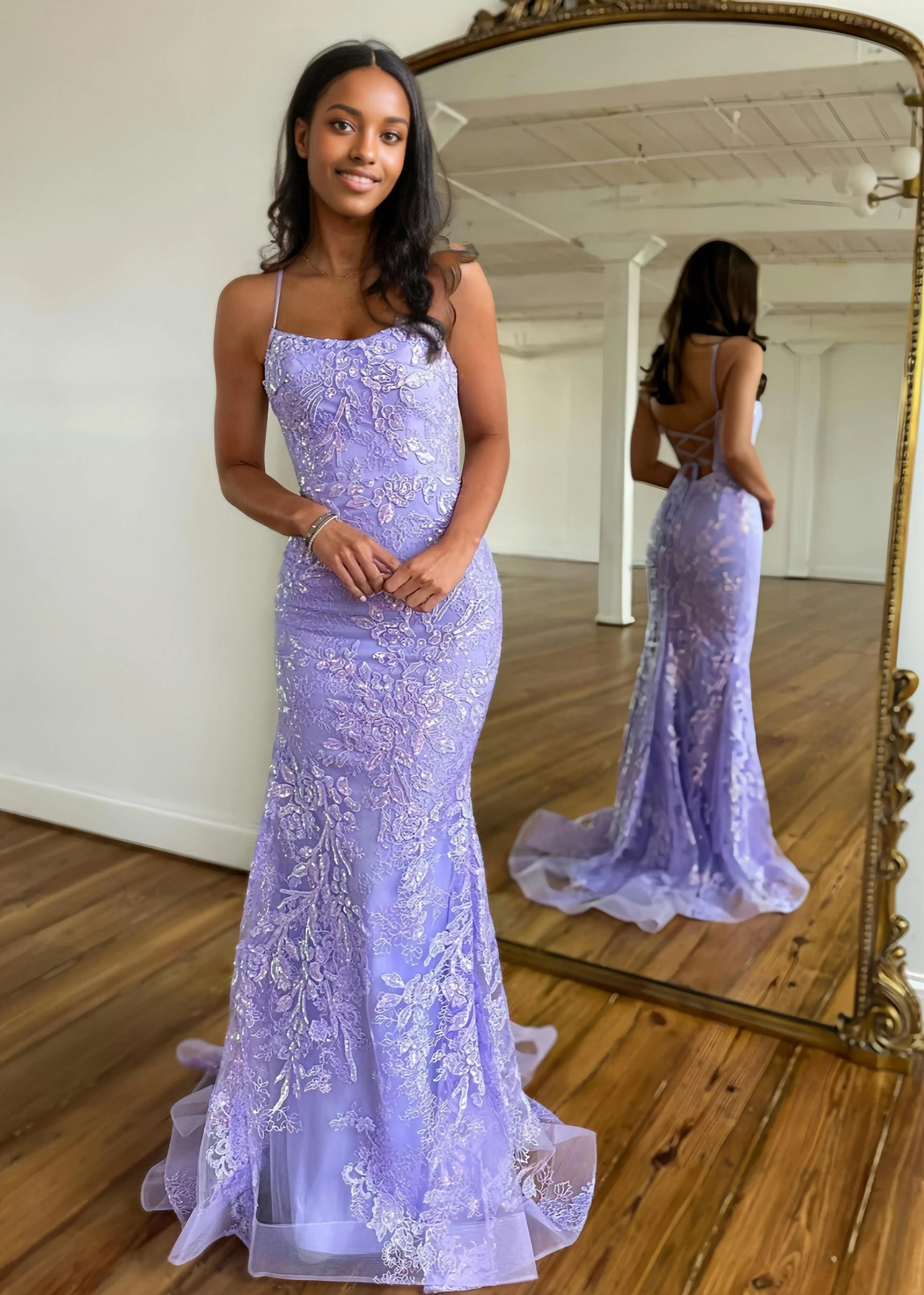 Julie | Glitter Lilac Purple Mermaid Spaghetti Strap Prom Dress with Train - Lilac - PromDressClub