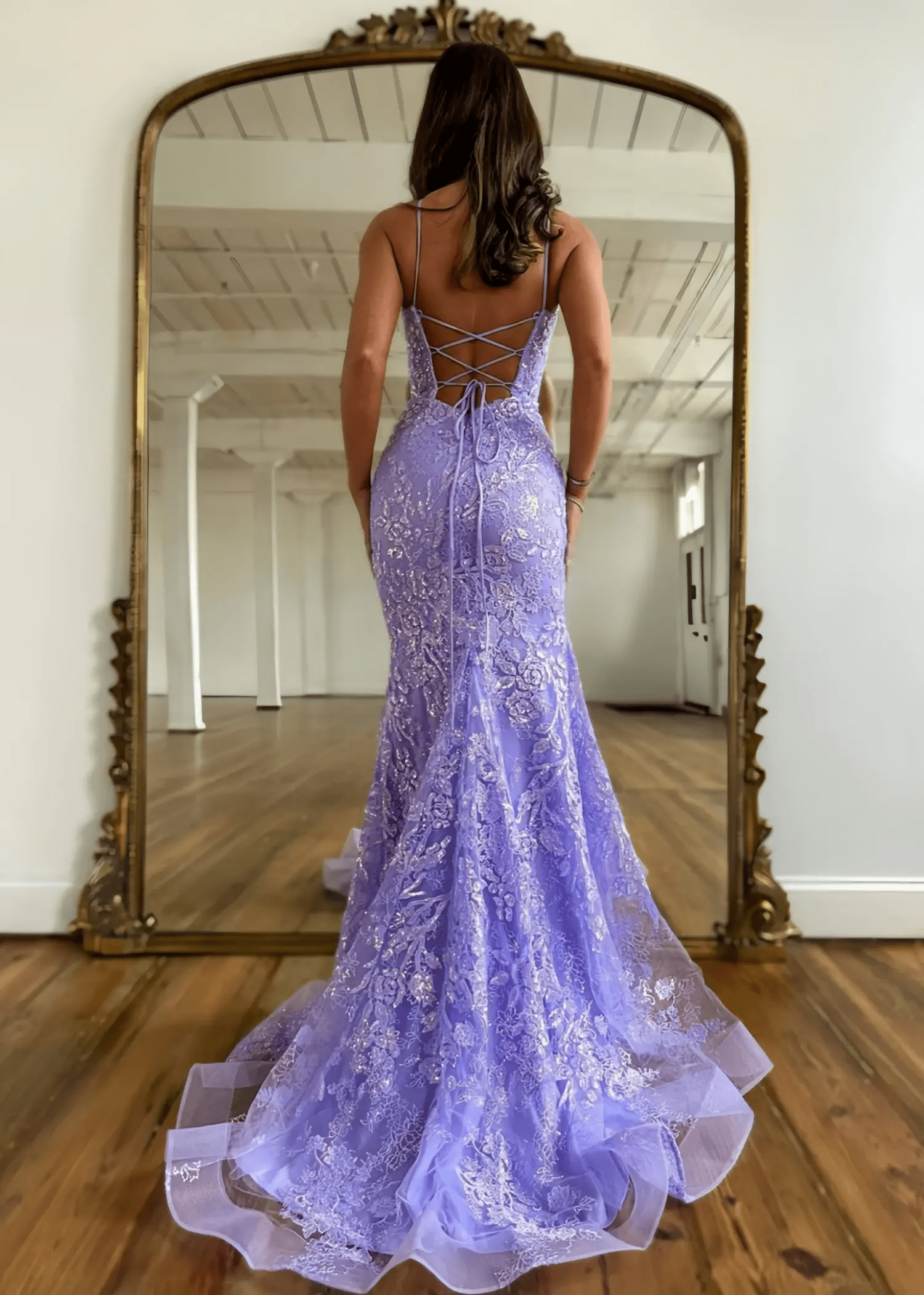 Julie | Glitter Lilac Purple Mermaid Spaghetti Strap Prom Dress with Train - Lilac - PromDressClub
