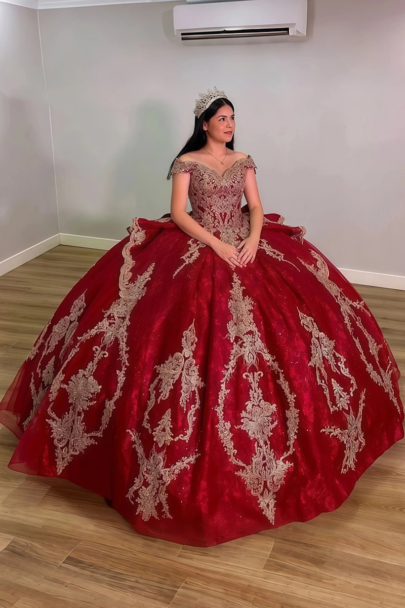 Julie | Shop Elegant Red Quince Dresses with Gold Accents - Flawless Ball Gowns - Red - PromDressClub
