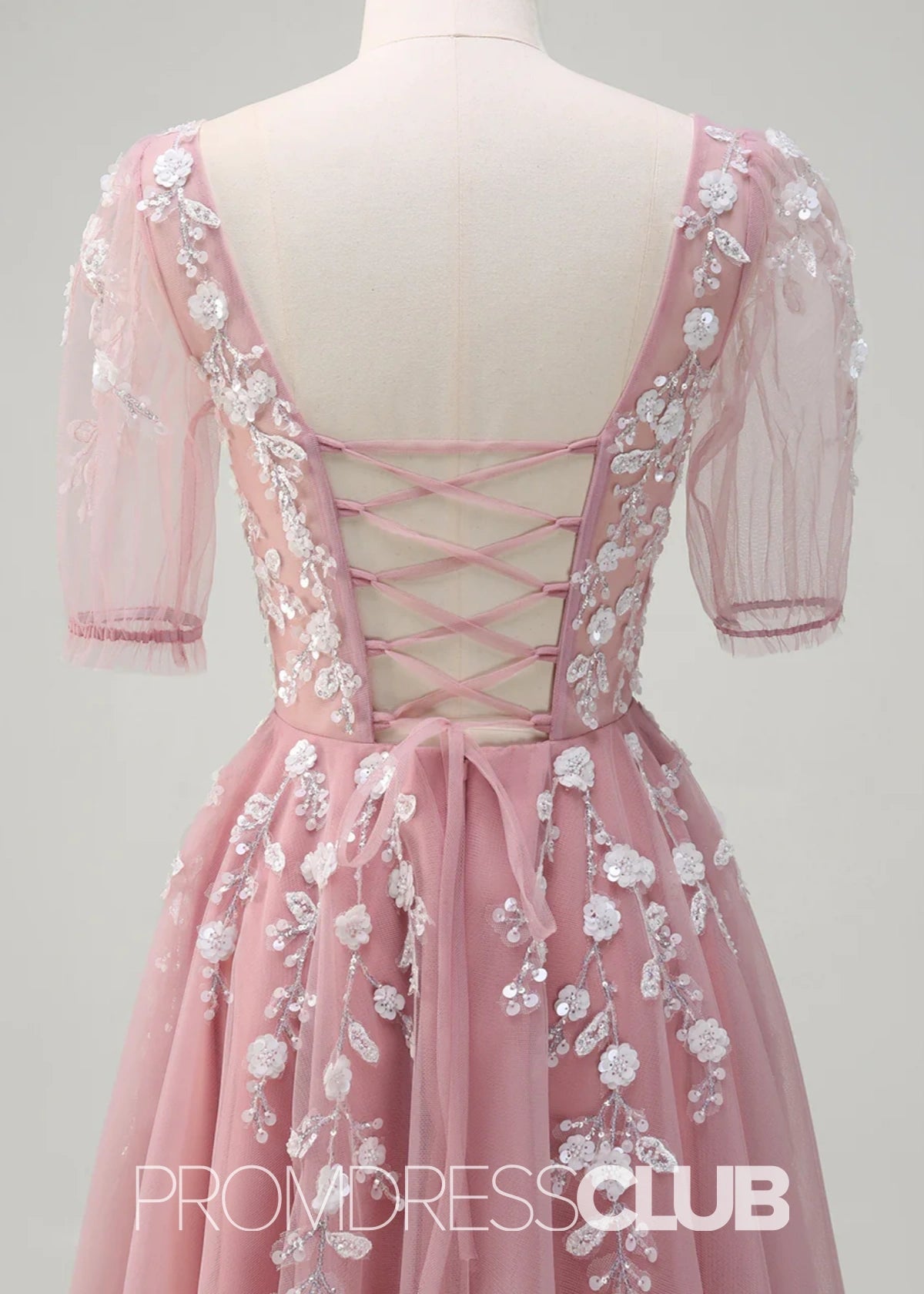 Juliet | Sparkly Blush Short Sleeves Tulle Long Prom Dress - Price #price_variant_lowest# - Blush - PromDressClub