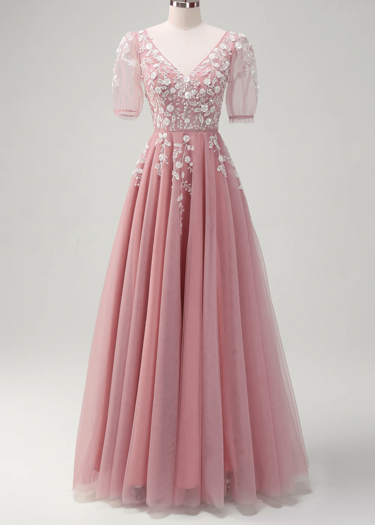 Juliet | Sparkly Blush Short Sleeves Tulle Long Prom Dress - Price #price_variant_lowest# - Blush - PromDressClub