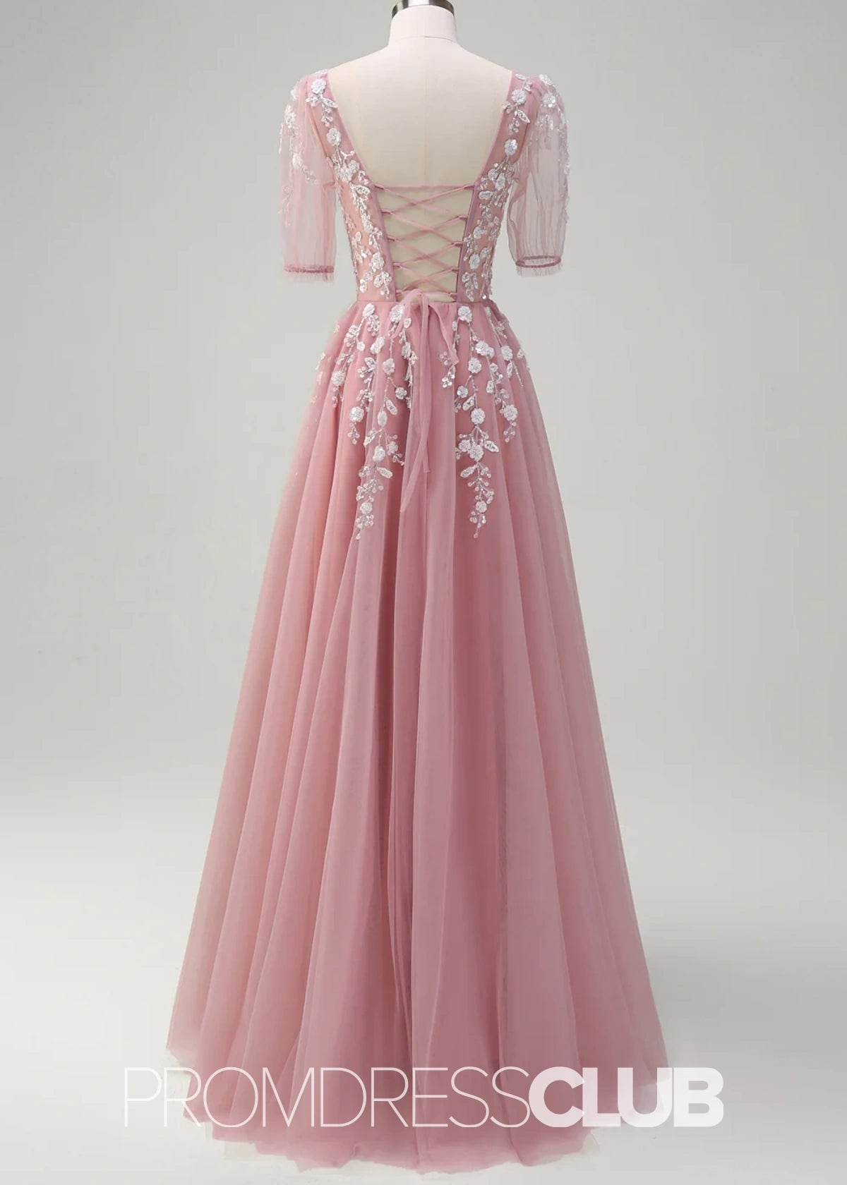 Juliet | Sparkly Blush Short Sleeves Tulle Long Prom Dress - Price #price_variant_lowest# - Blush - PromDressClub